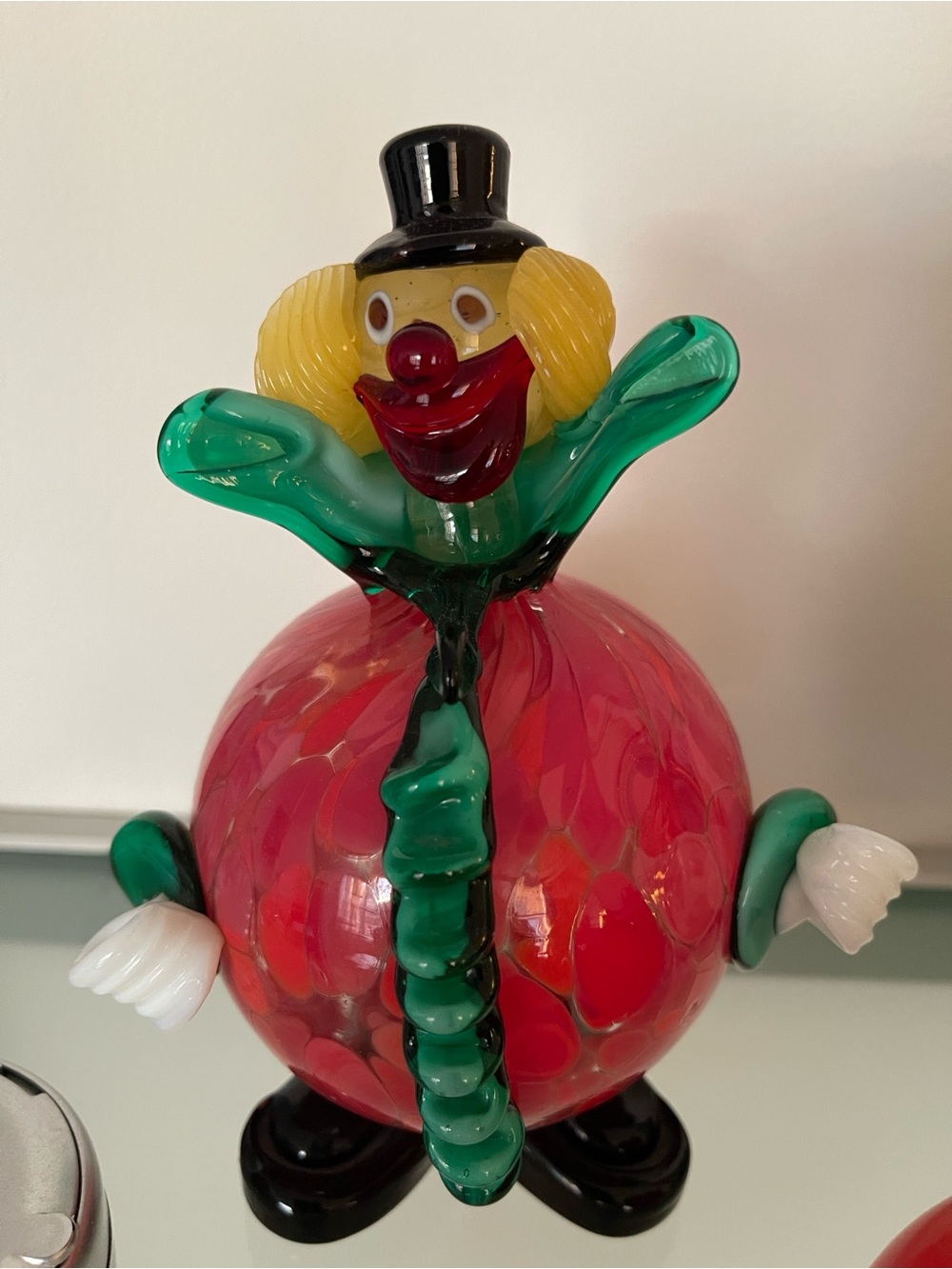 Murano Multicolor Blown Glass Clown Sculpture with Red Body